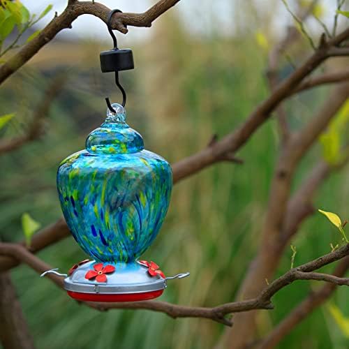 REZIPO Hummingbird Feeder with Perch - Hand Blown Glass - Light Green - 38 Fluid Ounces Hummingbird Nectar Capacity Include Hanging Wires and Moat Hook