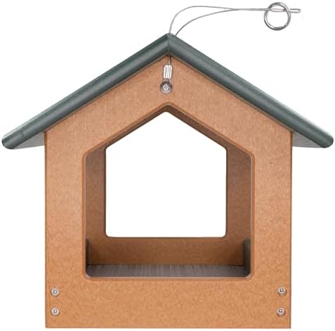Amish USA Made Recycled Plastic Large Hanging Modern Fly Through Covered Roof Open Platform Tray Bird Feeder for Outdoors, Garden, Yard (Turf Green & Bright Cedar)