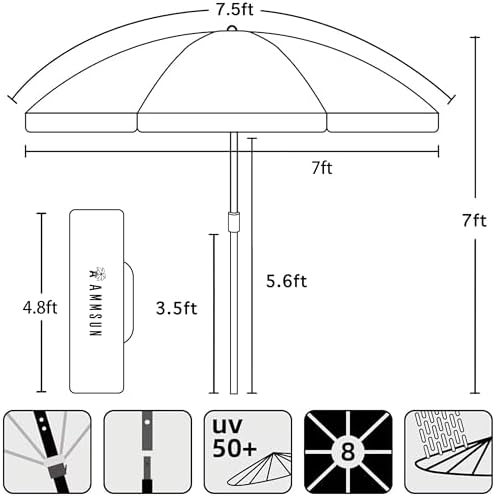 AMMSUN 7.5ft Heavy Duty High Wind Beach Umbrella Commercial Grade with Air Vent Ash Wood Pole & Carry Bag UPF 50+ Sun Protection for Patio Garden Pool Backyard Blue