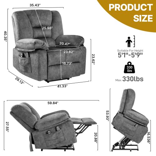 anwickjeff Electric Power Lift Recliner Chair Recliner Sofa for Elderly, Heat and Massage,2 Cup Holders, Recliners Chairs for Living Room, Infinite Position and Double 2 Side Pocket (Grey)