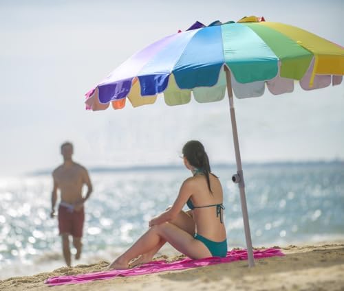 AMMSUN 7.5ft Large Heavy Duty HIGH Wind Beach Umbrella with sand anchor & Tilt Sun Shelter, UPF 50+ Protection Outdoor Umbrellas Sunshade with Carry Bag for Patio Garden Pool Backyard Rainbow