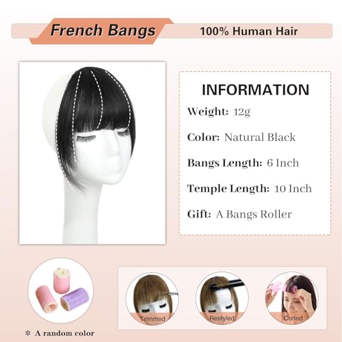 NAYOO Clip in Bangs - 100% Real Human French Bangs Hair Extensions with Temples for Women - Curved Bangs for Daily Wear (Natural Black)