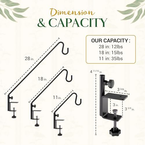 Idzo 18 Inch Railing Hook, Deck Hook for Bird Feeder Pole, Durable 3-Layer Powder Coated Steel, Shepherds Hooks for Outdoor, 360° Rotation, Sturdy Deck Railing Bracket for Hanging Decorations, Black