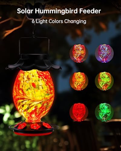 Solar Hummingbird Feeder - 49 fl.oz Hand Blown Glass Color Changing - 7 Feeding Ports with Perch - Never Leak - Perfect Hummingbird Feeder for Outdoors Hanging (Red)
