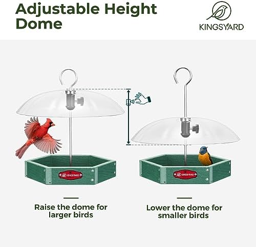 Kingsyard Platform Bird Feeder for Outdoor Hanging - Rugged Recycled Plastic Wild Bird Feeding Station with Adjustable Dome & Metal Mesh Tray, Green