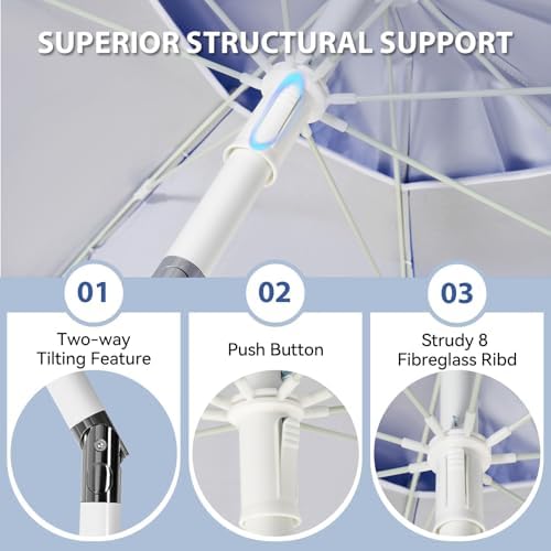 Aoxun Portable Umbrella with Stand, 6.5ft Sun Shade Umbrella with Stand, Lightweight Adjustable Standing with Sand Anchor and Carry Bag, Instant Sun Protection, Easy to Carry, Blue