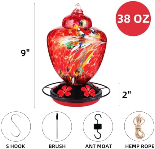 REZIPO Hummingbird Feeder with Perch - Hand Blown Glass - 38 Fluid Ounces Hummingbird Nectar Capacity Include Hanging Wires and Moat Hook (Red-fire)