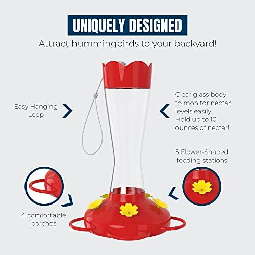 MEKKAPRO Two-Pack Hummingbird Feeders for Outdoors Hanging Made from Glass, 10oz, Hanging 5 Nectar Feeding Stations, Top Fill Hummingbird Feeder, Bright Red, Backyard Feeder (10 Ounce - 2 Pack)