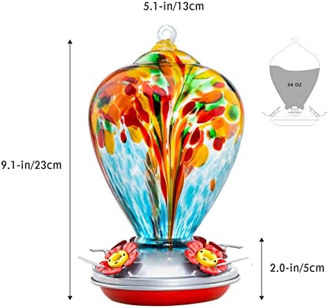 Hummingbird Feeder, 34OZ Hand Blown Glass Hummingbird Feeders for Outdoors Hanging, 4 Feeding Perch with Ant Moat Leakproof, Garden Yard Decor Gifts for Women Mom (Holiday Balloon)