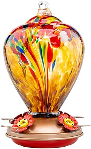 Hummingbird Feeder, 34OZ Hand Blown Glass Hummingbird Feeders for Outdoors Hanging, 4 Feeding Perch with Ant Moat Leakproof, Garden Yard Decor Gifts for Women Mom (Golden Balloon)