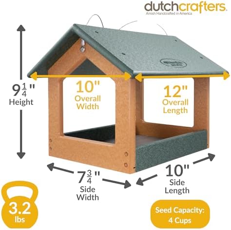 Amish USA Made Recycled Plastic Large Hanging Modern Fly Through Covered Roof Open Platform Tray Bird Feeder for Outdoors, Garden, Yard (Turf Green & Bright Cedar)