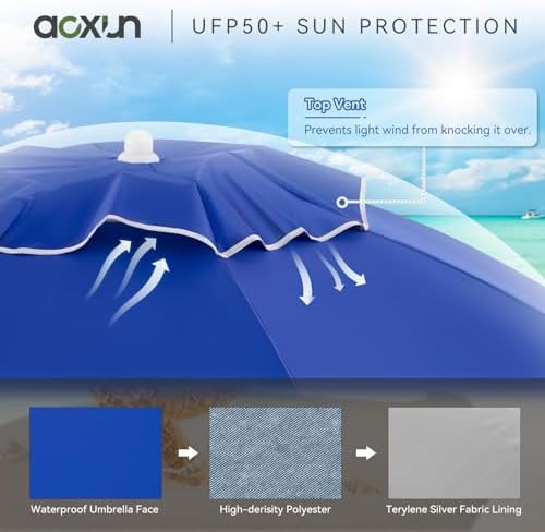 Aoxun Portable Umbrella with Stand, 6.5ft Sun Shade Umbrella with Stand, Lightweight Adjustable Standing with Sand Anchor and Carry Bag, Instant Sun Protection, Easy to Carry, Blue