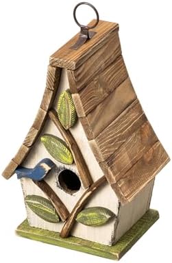 Glitzhome Bird Houses for Outside, 9.5" H Hanging Bird House Distressed Solid Wood Decorative Garden Birdhouse for Outdoors with Natural Wood Pallet Roof and 3D Tree,Washed White