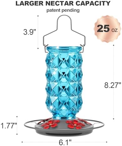 2 Pack Glass Hummingbird Feeders for Outdoors, 25 Ounces Wild Bird Nectar Feeder with Perch & 5 Flower Feeding Ports Leak Proof Hanging for Garden Backyard Decor, Gifts for Women Mom, Red & Blue