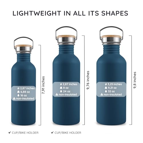Bambaw Small Metal Water Bottle 16 oz, Navy Blue Water Bottle Dishwasher Safe, Non-insulated Single Wall Stainless Steel Bottle, Small Water Bottle Reusable, Water Bottle no Straw – Aegean Blue
