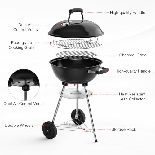 18 inch Charcoal Grill, Portable Kettle Barbecue Grills,Durable & Easy to Assemble, Round Smoker/BBQ Grill with Wheels for Backyard, Camping, Patio and Beach, Black