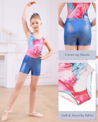 Girls 3 Piece Gymnastics Biketards Size 8 Big Girls' 3d Printed Blue Pink Marble Gym Leotards Size 6 8 Girl's Drift Quick Dry Elastic Ballet Dance Sets with Boy Short for Girl Sporty Sets,8 9 Years