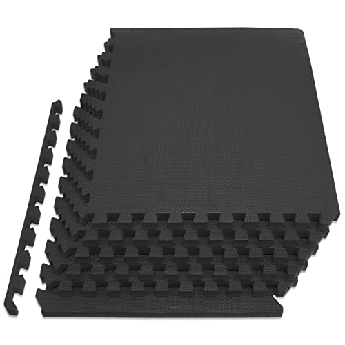 ProsourceFit Extra Thick Puzzle Exercise Mat , EVA Foam Interlocking Tiles for Protective, Cushioned Workout Flooring for Home and Gym Equipment, Black - 1 inch - 24 Sq Ft - 6 Tiles