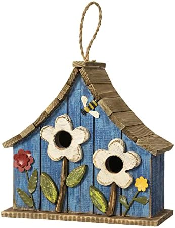 Glitzhome Hanging Birdhouses for Outdoors, 10.75" L Distressed Solid Wood Birdhouse with 3D Flowers Rustic Hand-Painted Bird Houses for Outside