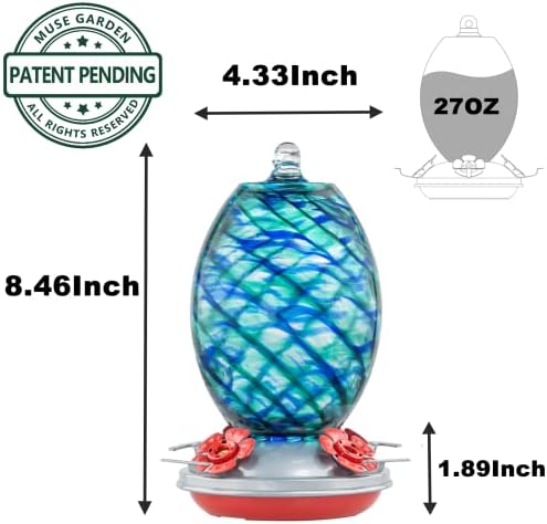 Muse Garden Glass Humming Bird Feeders for Outdoors - 27OZ Blown Glass Hummingbird Feeder - Unique Gift for Mom Women Grandparents, Outdoors Hanging Garden Decor, Ant Moat & Brush, Blue Mermaid