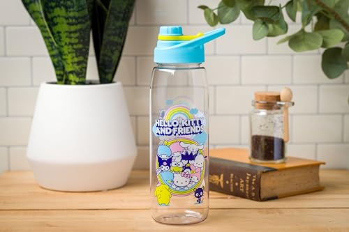 Silver Buffalo Sanrio Hello Kitty and Friends Little Twin Stars, Cinnamoroll, Kuromi, Keroppi, Badtz-Maru, Pochacco, Tuxedo Sam, My Melody, Pompompurin, Chococat Water Bottle with Screw Lid, 28 Ounces
