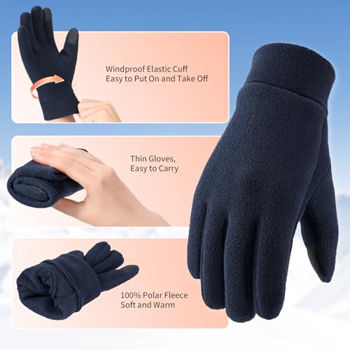 Cierto Winter Gloves for Men Women: Thermal Touch Screen Polar Fleece Gloves with Elastic Cuff for Running Driving Bike Cycling - Navy Blue