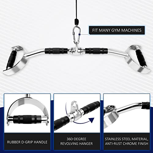 Yes4All Wide Grip LAT Pull Down Bar Attachments with D Grip Handles/Curl LAT Pulldown Attachment for Gym Equipment, Press Down Bar 27" Cable Attachment Rubber Handgrips & Revolving Hanger