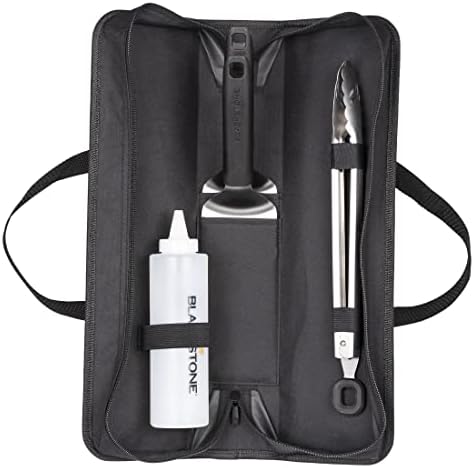 Blackstone 5481 Tabletop 5 Piece Griddle Tool Kit- Outdoor Indoor Grill BBQ Utensils, 2 Stainless Steel Spatulas, 1 Classic Tong, 16Oz Squeeze Bottle, 1 Portable Carry Bag, Black, Silver, White