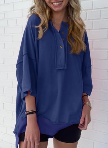 AlvaQ Women's Oversized T Shirts Short Sleeve Henley Neck Summer Tops Casual Loose Basic Tee Shirts 2024 Trendy Clothes Tunic Blouse Blue Large