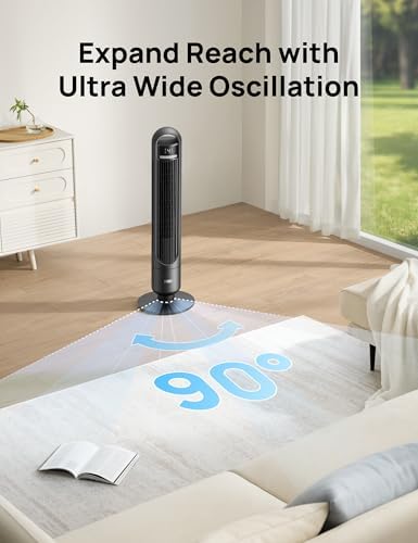 Dreo Tower Fan for Bedroom, 90Β° Oscillating Standing Fans for Room with 4 Speeds, 3 Modes, 28dB Quiet for Sleep, 25ft/s Velocity, 8H Timer, Remote, Living Room, Office, Home, Black, TF117