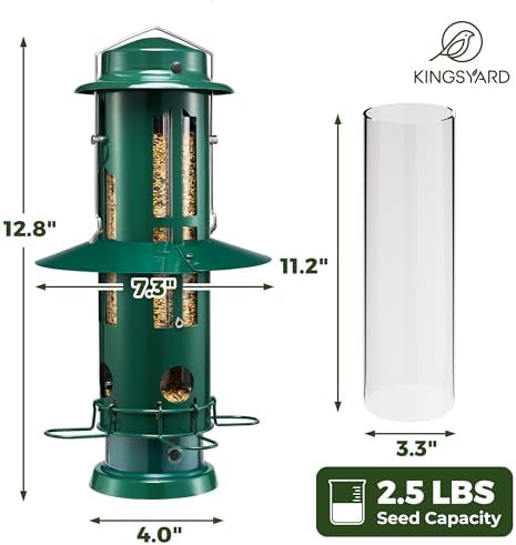Kingsyard Squirrel Proof Bird Feeder with Removable Base, All Metal, Tube Bird Feeders for Outdoors Hanging, Easy to Clean & Refill, Dark Green