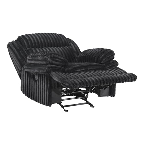 Lexicon Manual Glider Recliner Chair, Corduroy Manual Tab Pull Reclining Chair with Pillow Top Arms, Plush Cushions, Cozy Theater-Style Accent for Living Room/Bedroom, Easy Assembly, Black