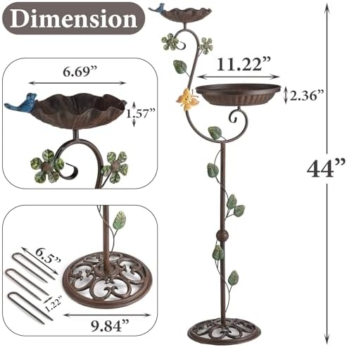 Metal Bird Baths for Outdoors, 44" Height Cast Iron Pedestal Bird Bath and Feeder, Vintage Sturdy Heavy Duty Birdbath Bowl, Tall Floral Accents Birdbaths for Garden Yard Patio Porch Decor