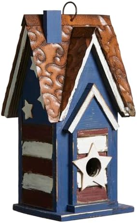 Glitzhome 12.25" H Patriotic Solid Wood Hanging Birdhouse for Outside, Decorative Pet Cottage Villa Distressed Wooden Bird House with 3D Star for Garden Patio Backyard