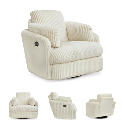 Signature Design by Ashley Tie-Breaker Contemporary Manual Press-Back Swivel Glider Rocker Recliner with 2 Bolster Pillows and Hidden Storage, White