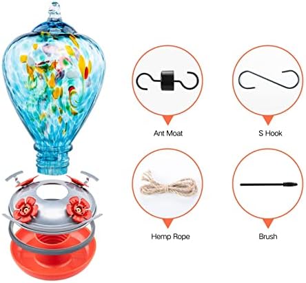 Muse Garden Hummingbird Feeders for Outdoors Hanging, Blown Glass Hummingbird Feeder Unique Gifts for Women, Containing Ant Moat, Garden Decor, 34 Ounces, Blue Chatoyant