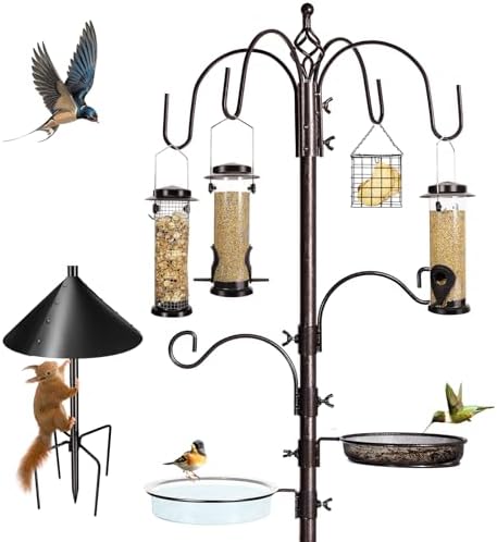 6-Hook Bird Feeding Station Kit Wild Bird Feeder Stand Pole, Multi-Feeder Hanging Kit Stand with Water Bowl, Mesh Tray and Squirrel Guard Baffle, 94 Inch