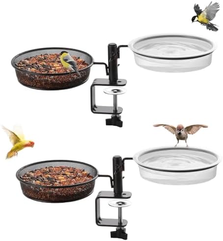 2 Pack Deck Bird Feeders Deck Mount Bird Bath Spa for Dual Use Deck Flower Stand Flower Pot Great for Attracting Birds Detachable and Adjustable Heavy Duty Sturdy Steel,Bronze