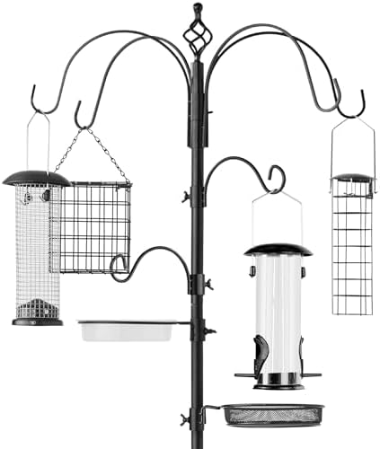 Best Choice Products 6-Hook Bird Feeding Station, Steel Multi-Feeder Kit Stand for Attracting Wild Birds w/ 4 Bird Feeders, Mesh Tray, Bird Bath, 5-Prong Base - Black