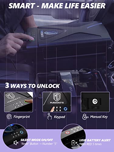 MD MADOATS Car Gun Safe, Portable Biometric Safes for Pistols with Cable, Fingerprint & Keypad & Key Access Handgun Lock Box for Vehicle Travel Home (Metal Logo)