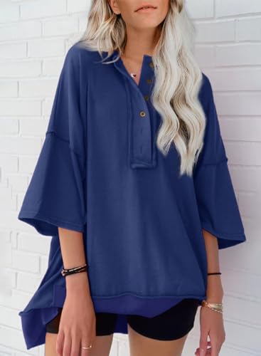 AlvaQ Women's Oversized T Shirts Short Sleeve Henley Neck Summer Tops Casual Loose Basic Tee Shirts 2024 Trendy Clothes Tunic Blouse Blue Large