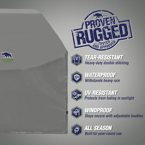 RUGGED RHINO Heavy Duty Grill Cover for Outdoor Grills, All Season Three Layer Waterproof Covers, UV Resistant, Windproof, Secure Buckle Closure, Grilling, Griddle, Outside Storage, 58x24x48, Gray