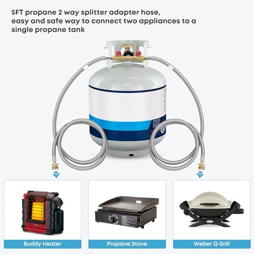Stanbroil 5 Feet Stainless Braided Propane 2 Way Splitter Adapter Hose with Shut Off Valve Perfect for Camping, Heater, Grill, Stove