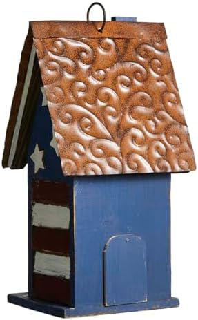 Glitzhome 12.25" H Patriotic Solid Wood Hanging Birdhouse for Outside, Decorative Pet Cottage Villa Distressed Wooden Bird House with 3D Star for Garden Patio Backyard