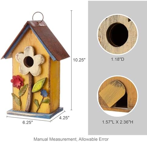 Glitzhome 10.2" H Hanging Bird House for Outdoor Patio Garden Decorative Birdhouse Pet Cottage Distressed Wooden Birdhouse, Yellow Flower