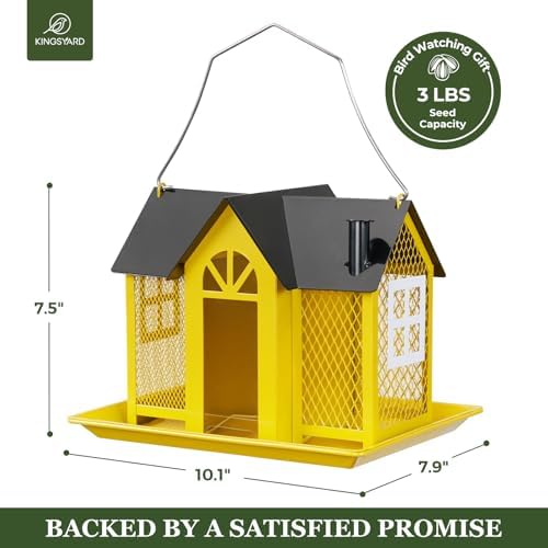 Kingsyard Bird Feeder House for Outside, Metal Mesh Wild Bird Feeder with Triple Feeders for Finch Cardinal Chickadee, Large Capacity, Weatherproof and Durable, Yellow