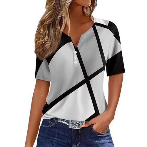 GZPINLU Day Deals Prime 2024 Today Summer Tops for Women 2024 Trendy Color Block Button V Neck T Shirts Short Sleeve Business Casual Cute Going Out Vacation Outfits Blusas Casuales De (Gray,L)
