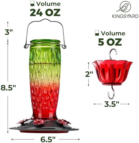 Kingsyard Hummingbird Feeders for Outdoors Hanging, 24 Ounce, Glass Hummingbird Feeder with Ant Moat & 6 Bee Guard Feeding Ports, Leak-Proof, Green & Red