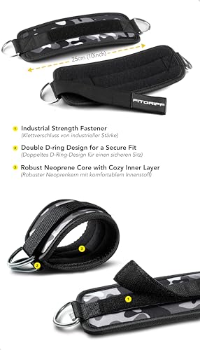 Fitgriff® Ankle Straps V1 for Cable Machine (2 Pieces) - Gym Workout Equipment - Leg Pulley Attachment, Kickback Straps (Camo-Grey)