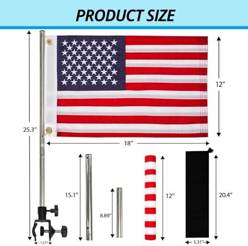 American Boat Flag Pole Kits Marine 12"x18", Stainless Steel Boat Flag Pole with 1x Storage Bag, Adjustable Flagpole Holder with 50 Embroidered Stars American Flag Boat Accessories